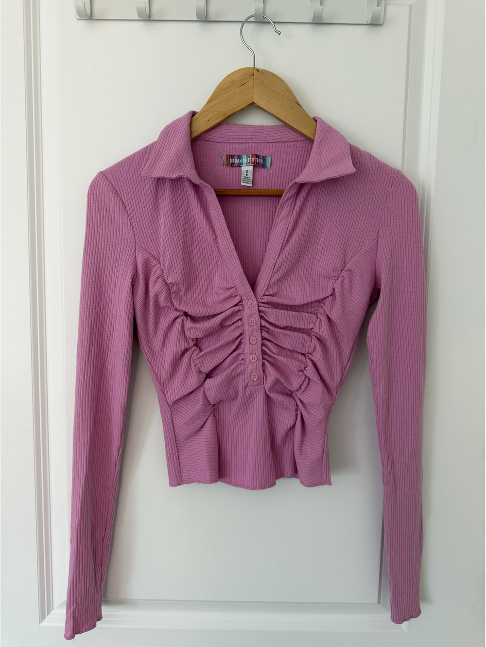 UO Pink Ruched Long Sleeve Ribbed Top